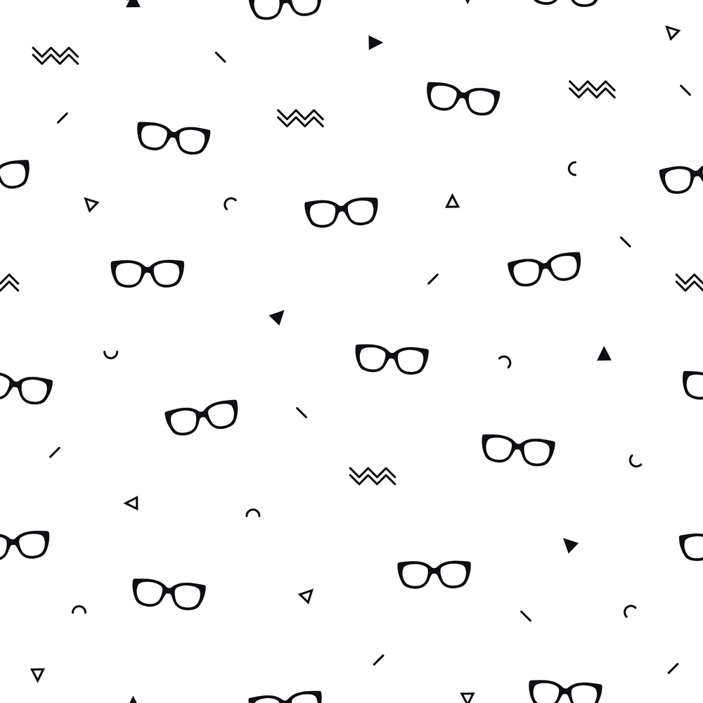 Glasses eyes seamless pattern on white background and geometric shapes in memphis style. Eyeglasses. Vector illustration. Fashion background in minimal design. Glasses eyes seamless pattern on white background and geometric shapes in memphis style. Eyeglasses. Vector illustration. Fashion background in minimal design.