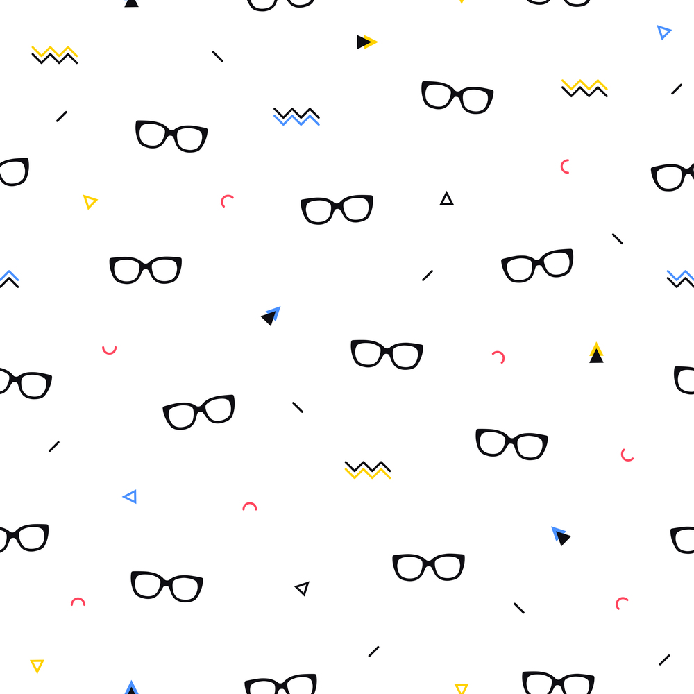 Glasses eyes seamless pattern on white background and geometric shapes in memphis style. Eyeglasses. Vector illustration. Fashion background in minimal design. Glasses eyes seamless pattern on white background and geometric shapes in memphis style. Eyeglasses. Vector illustration. Fashion background in minimal design.