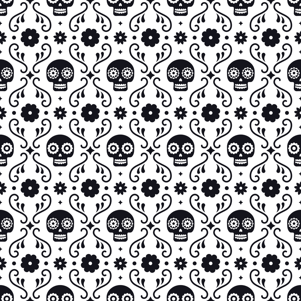Day of the dead seamless pattern with skulls and flowers on white background. Traditional mexican Halloween design for Dia De Los Muertos holiday party. Ornament from Mexico. Day of the dead seamless pattern with skulls and flowers on white background. Traditional mexican Halloween design for Dia De Los Muertos holiday party. Ornament from Mexico.