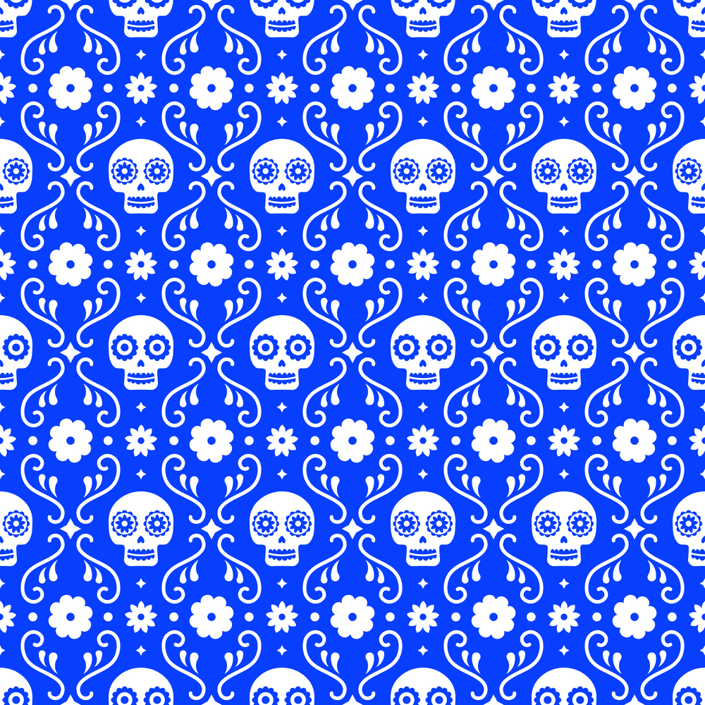 Day of the dead seamless pattern with skulls and flowers on blue background. Traditional mexican Halloween design for Dia De Los Muertos holiday party. Ornament from Mexico. Day of the dead seamless pattern with skulls and flowers on blue background. Traditional mexican Halloween design for Dia De Los Muertos holiday party. Ornament from Mexico.
