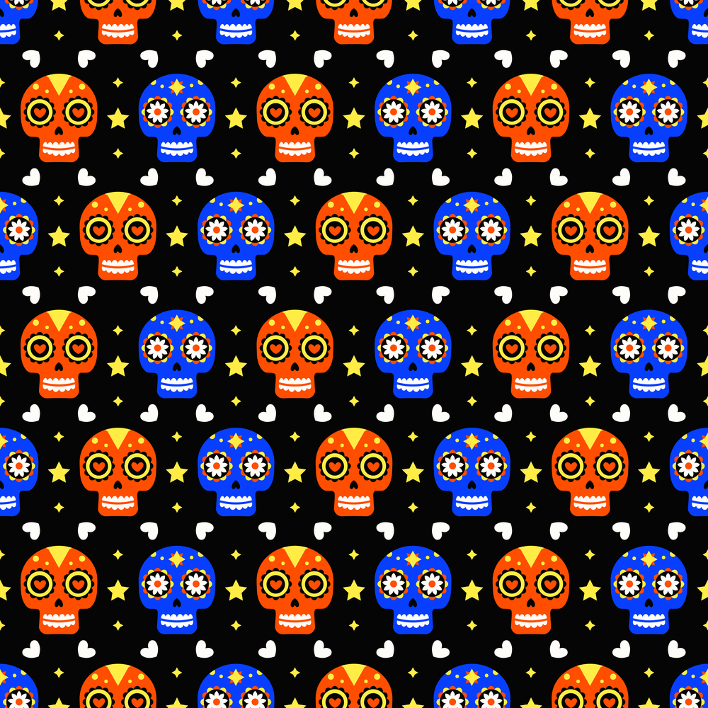Day of the dead seamless pattern with colorful skulls on dark background. Traditional mexican Halloween design for Dia De Los Muertos holiday party. Ornament from Mexico. Day of the dead seamless pattern with colorful skulls on dark background. Traditional mexican Halloween design for Dia De Los Muertos holiday party. Ornament from Mexico.