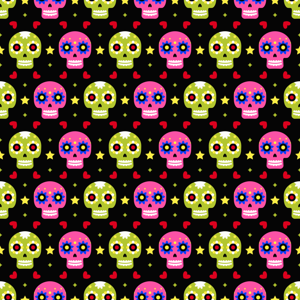 Day of the dead seamless pattern with colorful skulls on dark background. Traditional mexican Halloween design for Dia De Los Muertos holiday party. Ornament from Mexico. Day of the dead seamless pattern with colorful skulls on dark background. Traditional mexican Halloween design for Dia De Los Muertos holiday party. Ornament from Mexico.