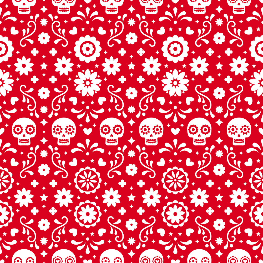 Day of the dead seamless pattern with skulls and flowers on red background. Traditional mexican Halloween design for Dia De Los Muertos holiday party. Ornament from Mexico. Day of the dead seamless pattern with skulls and flowers on red background. Traditional mexican Halloween design for Dia De Los Muertos holiday party. Ornament from Mexico.
