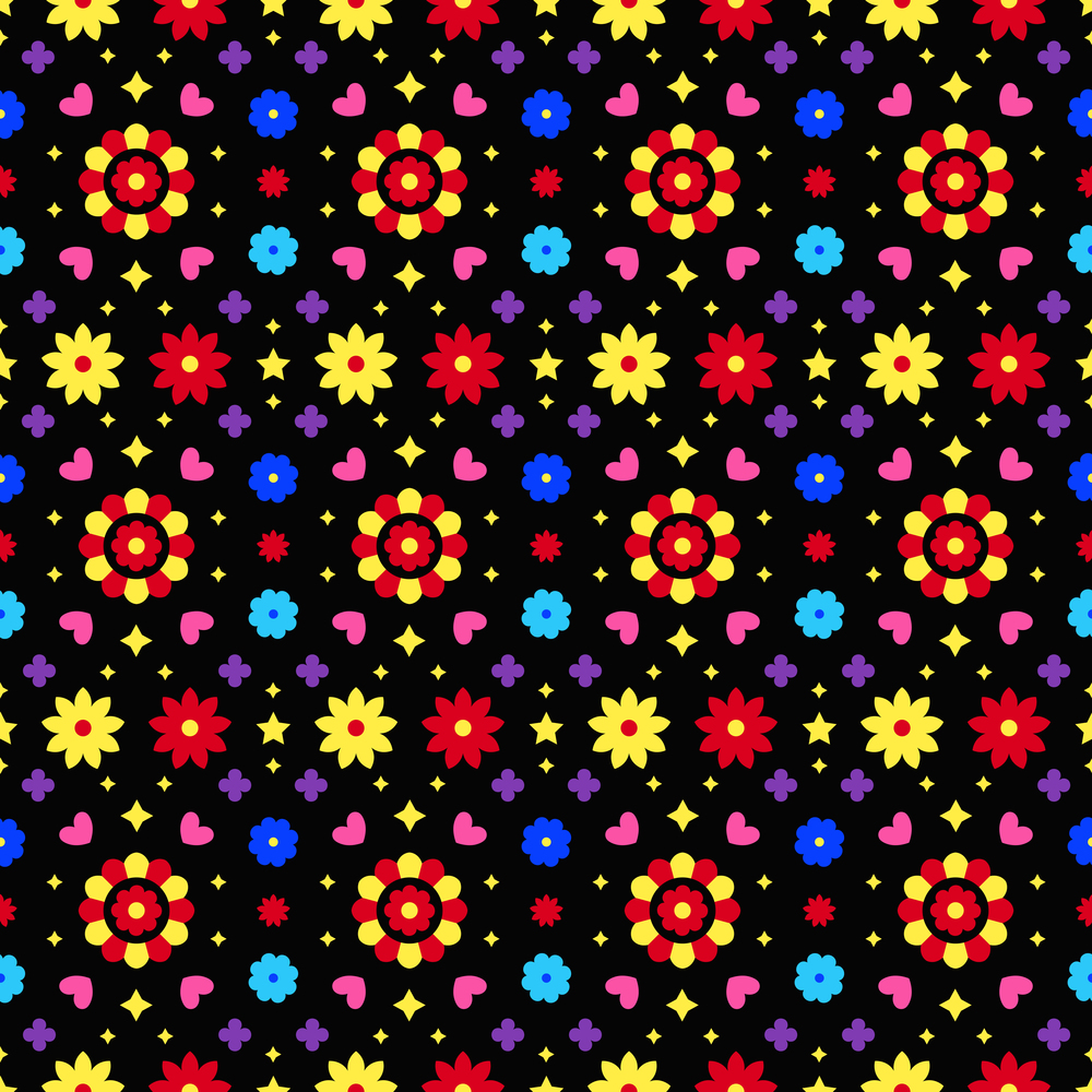 Mexican folk art seamless pattern with flowers on dark background. Traditional design for fiesta party. Colorful floral ornate elements from Mexico. Mexican folklore ornament. Mexican folk art seamless pattern with flowers on dark background. Traditional design for fiesta party. Colorful floral ornate elements from Mexico. Mexican folklore ornament.