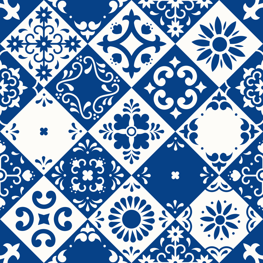 Mexican talavera seamless pattern. Ceramic tiles with flower, leaves and bird ornaments in traditional majolica style from Puebla. Mexico floral mosaic in classic blue and white. Folk art design. Mexican talavera seamless pattern. Ceramic tiles with flower, leaves and bird ornaments in traditional majolica style from Puebla. Mexico floral mosaic in classic blue and white. Folk art design.