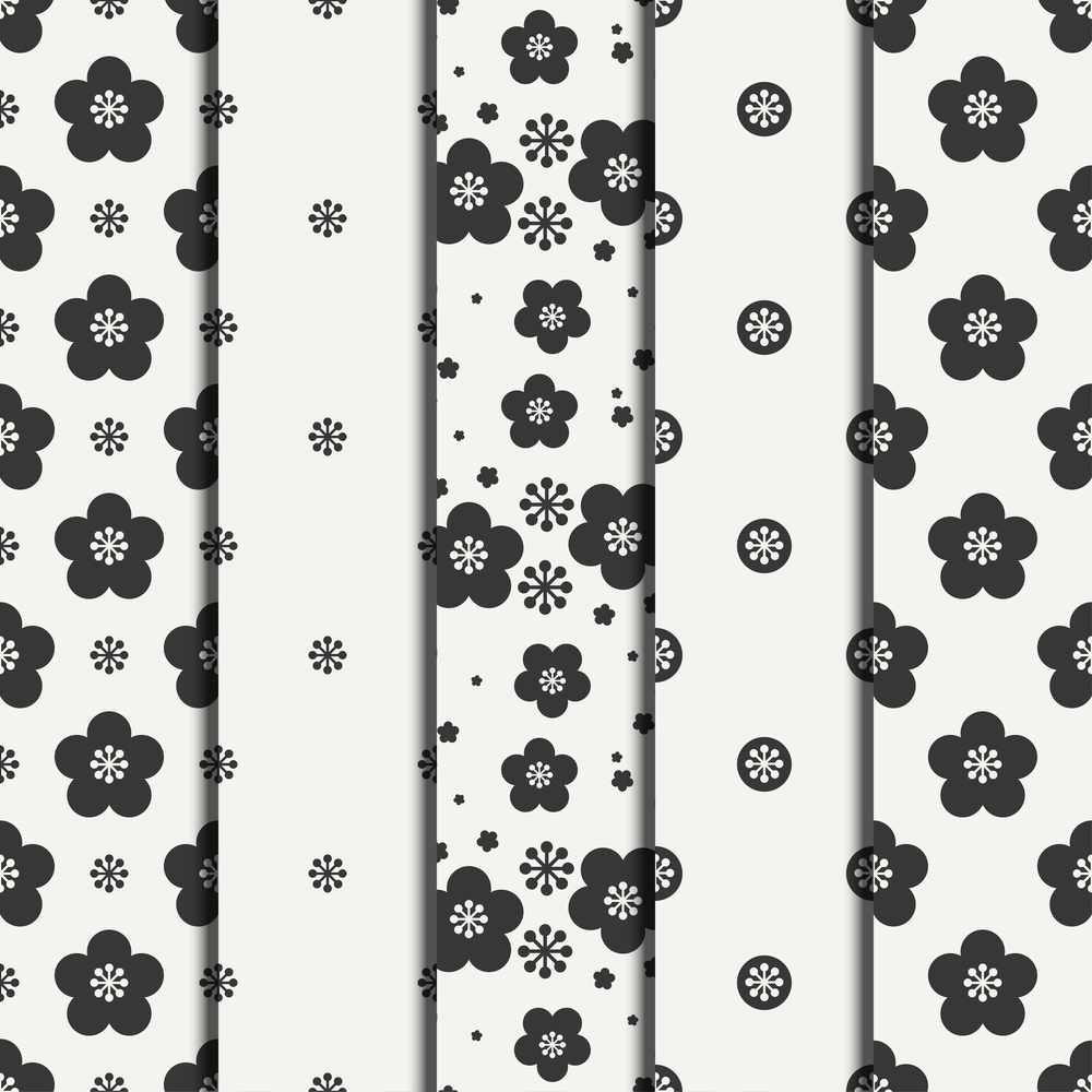 Set of monochrome seamless floral pattern. Flowers and leaves. Wrapping paper. Scrapbook. Tiling. Vector illustration. Spring floral background. Graphic texture. Wallpaper. Floral texture. Set of monochrome abstract seamless floral pattern. Flowers and leaves. Wrapping paper. Scrapbook. Tiling. Vector illustration. Spring floral background. Graphic texture. Wallpaper. Floral texture