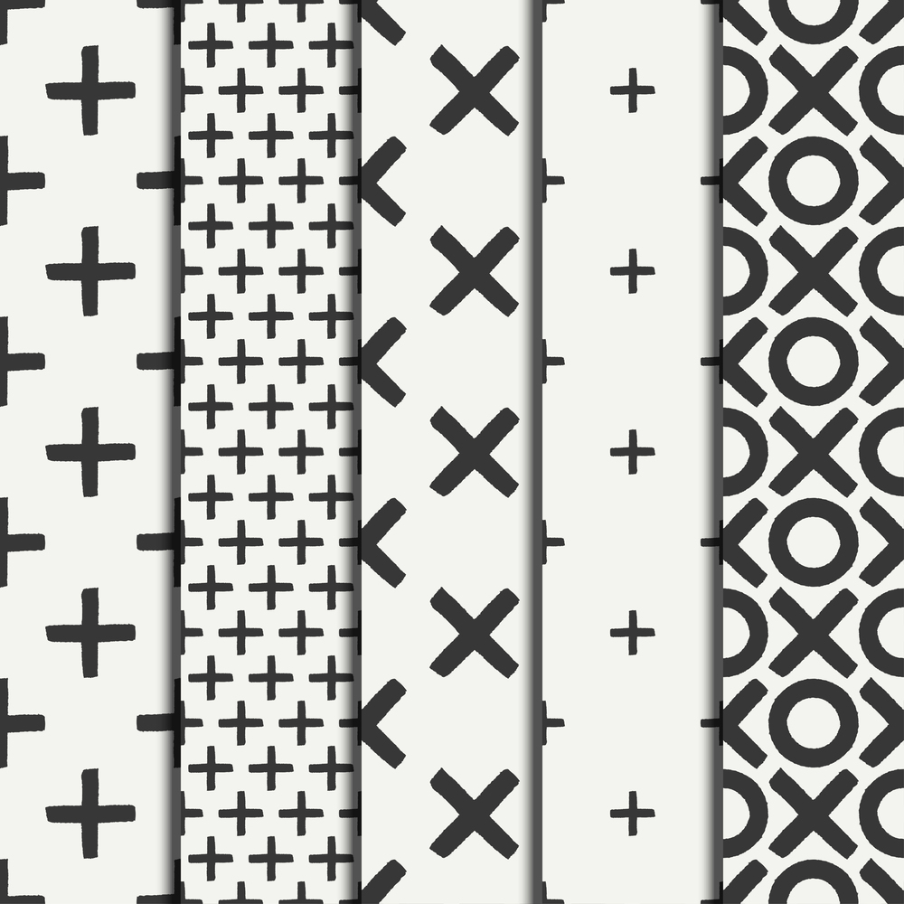 Set of hand drawn geometric seamless ink pattern brush strokes. Wrapping paper. Abstract vector background. Brush strokes. Texture with crosses or pluses. Dry brush. Rough edges illustration.. Set of hand drawn geometric seamless ink pattern brush strokes. Wrapping paper. Abstract vector background. Round brush strokes. Texture with crosses or pluses. Dry brush. Rough edges illustration.