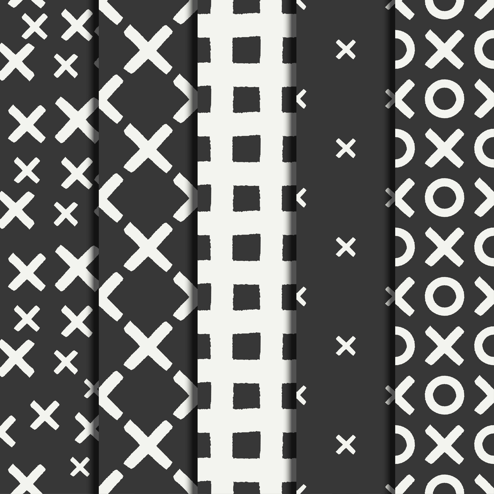 Set of hand drawn geometric seamless ink pattern brush strokes. Wrapping paper. Abstract vector background. Brush strokes. Texture with crosses or pluses. Dry brush. Rough edges illustration.. Set of hand drawn geometric seamless ink pattern brush strokes. Wrapping paper. Abstract vector background. Round brush strokes. Texture with crosses or pluses. Dry brush. Rough edges illustration.