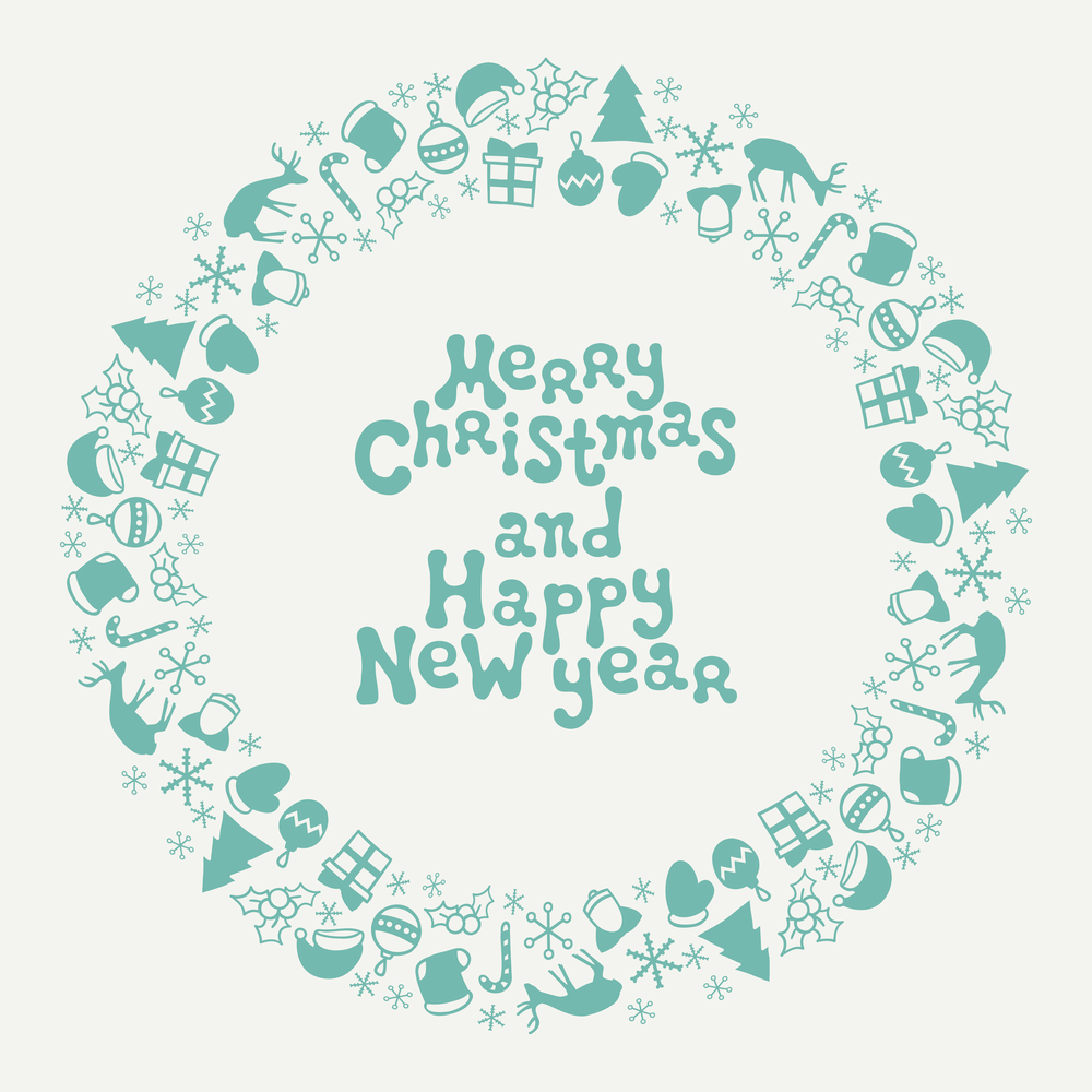 Merry Christmas and Happy New Year lettering greeting card 2017. Christmas season hand drawn pattern. Vector illustration. Doodle style. Decorations. Holiday backgrounds for design. Frame. Merry Christmas and Happy New Year lettering greeting card 2017. Christmas season hand drawn pattern. Vector illustration. Doodle style. Decorations. Winter holiday backgrounds for design. Frame