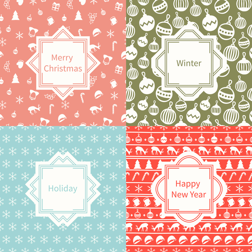 Merry Christmas and Happy New Year 2017 set. Christmas season hand drawn seamless pattern. Vector illustration. Doodle style. Decorations. Winter holiday backgrounds for design. Deer, snowflakes. Merry Christmas and Happy New Year 2017 set. Christmas season hand drawn seamless pattern. Vector illustration. Doodle style. Decorations. Winter holiday backgrounds for design. Deer, Santa