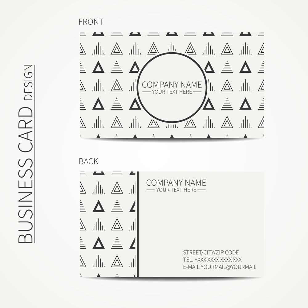 Vector simple business card design. Delta, trigon. Template. Black and white. Business card for corporate business and personal use. Trendy calling card. Geometric triangle pattern.. Vector simple business card design. Delta, trigon. Template. Black and white. Business card for corporate business and personal use. Trendy calling card. Geometric monochrome triangle pattern.