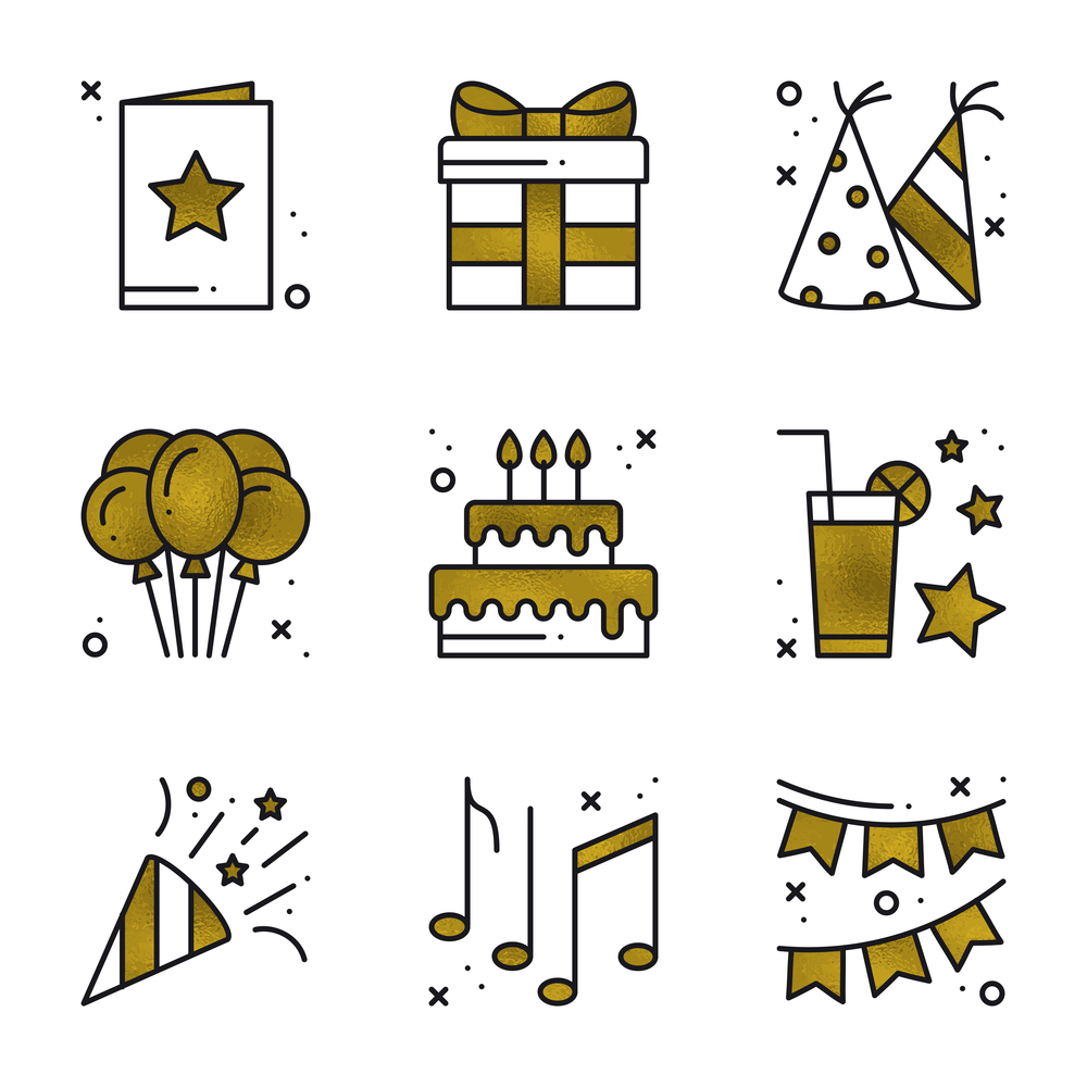 Birthday party icons set in gold. Golden birthday symbols and basic party elements on white background. Holidays, event, carnival, festive concept theme. Vector illustration in line style. Birthday party icons set in gold. Golden birthday symbols and basic party elements on white background. Holidays, event, carnival, festive concept theme. Vector illustration in line style.
