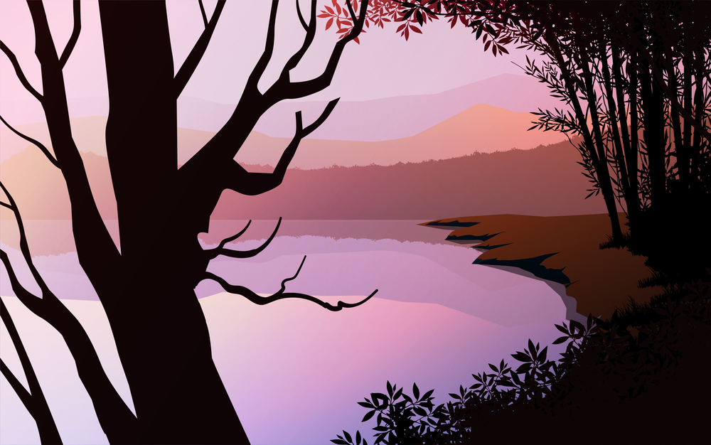 Mountains lake and river landscape silhouette tree  horizon Landscape wallpaper Sunrise and sunset Illustration vector style colorful view background