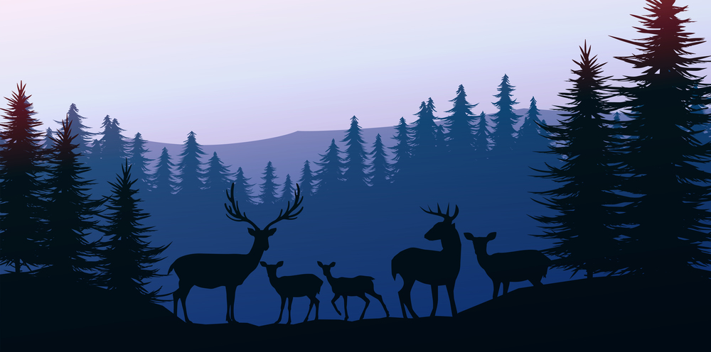 Herd of deer in the natural forest. Wild animals. Mountains horizon hills silhouettes of trees. Evening Sunrise and sunset. Landscape wallpaper. Illustration vector style. Colorful view background.