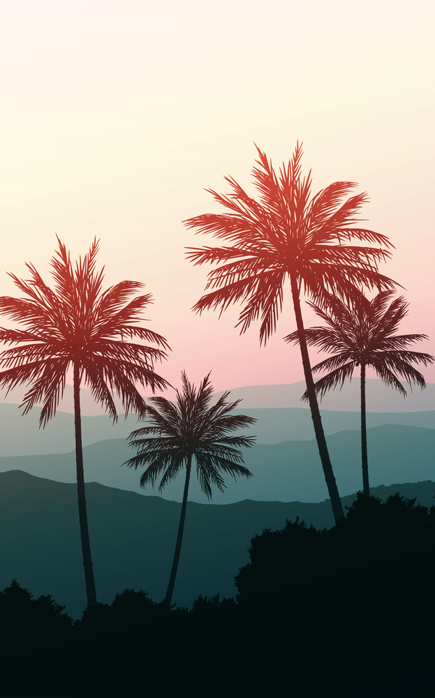 Natural Coconut trees. Mountains horizon hills. Silhouettes of palm trees and hills. Sunrise and sunset. Landscape wallpaper. Illustration vector style. Colorful view background.