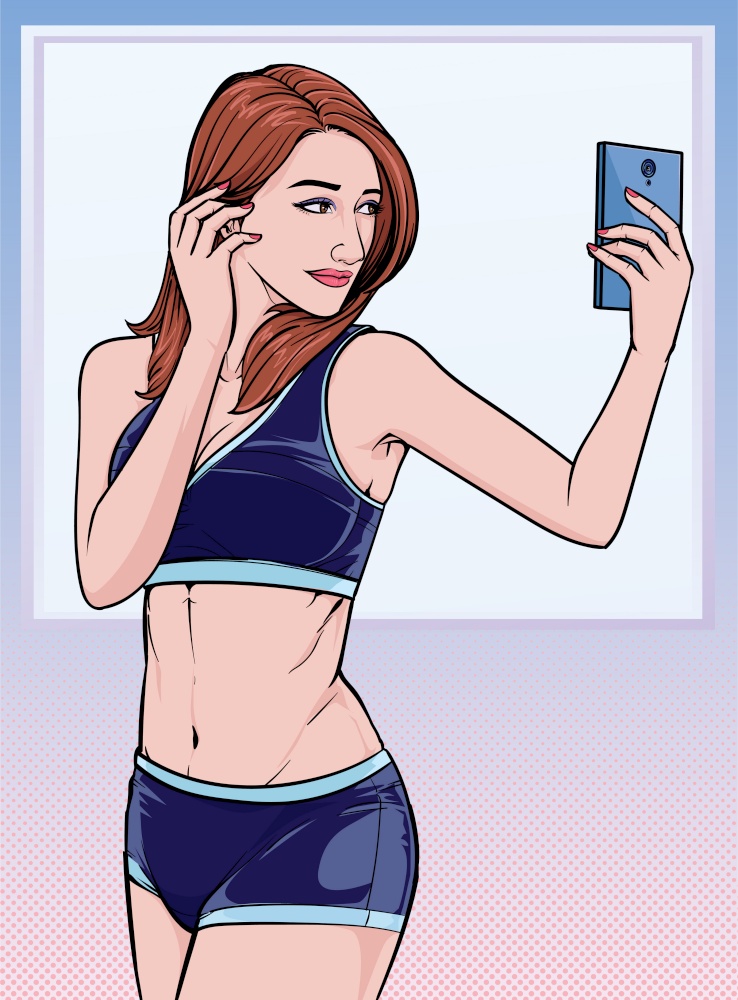 Pretty girl. A beautiful woman posed for selfie with mobile phone. Illustration vector On pop art comics style Abstract dots background.