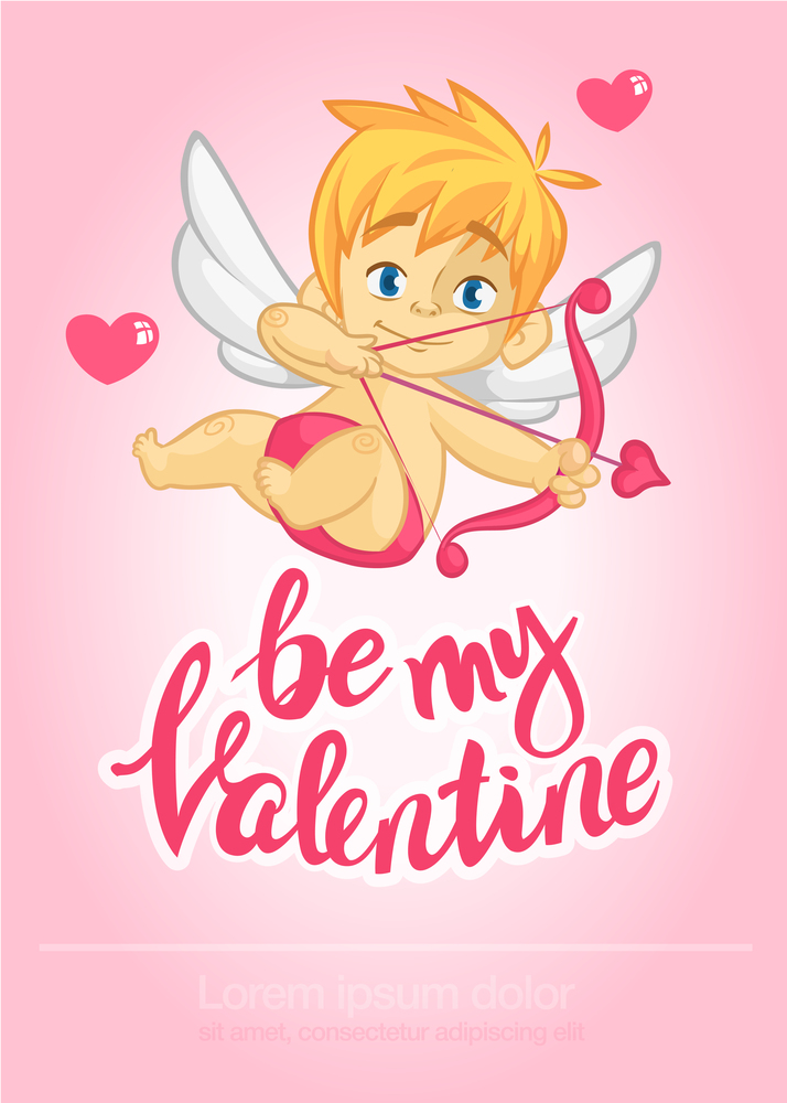 Cartoon cute cupid. Vector illustration card for St Valentine&rsquo;s Day with lettering title. Be my Valentine typography