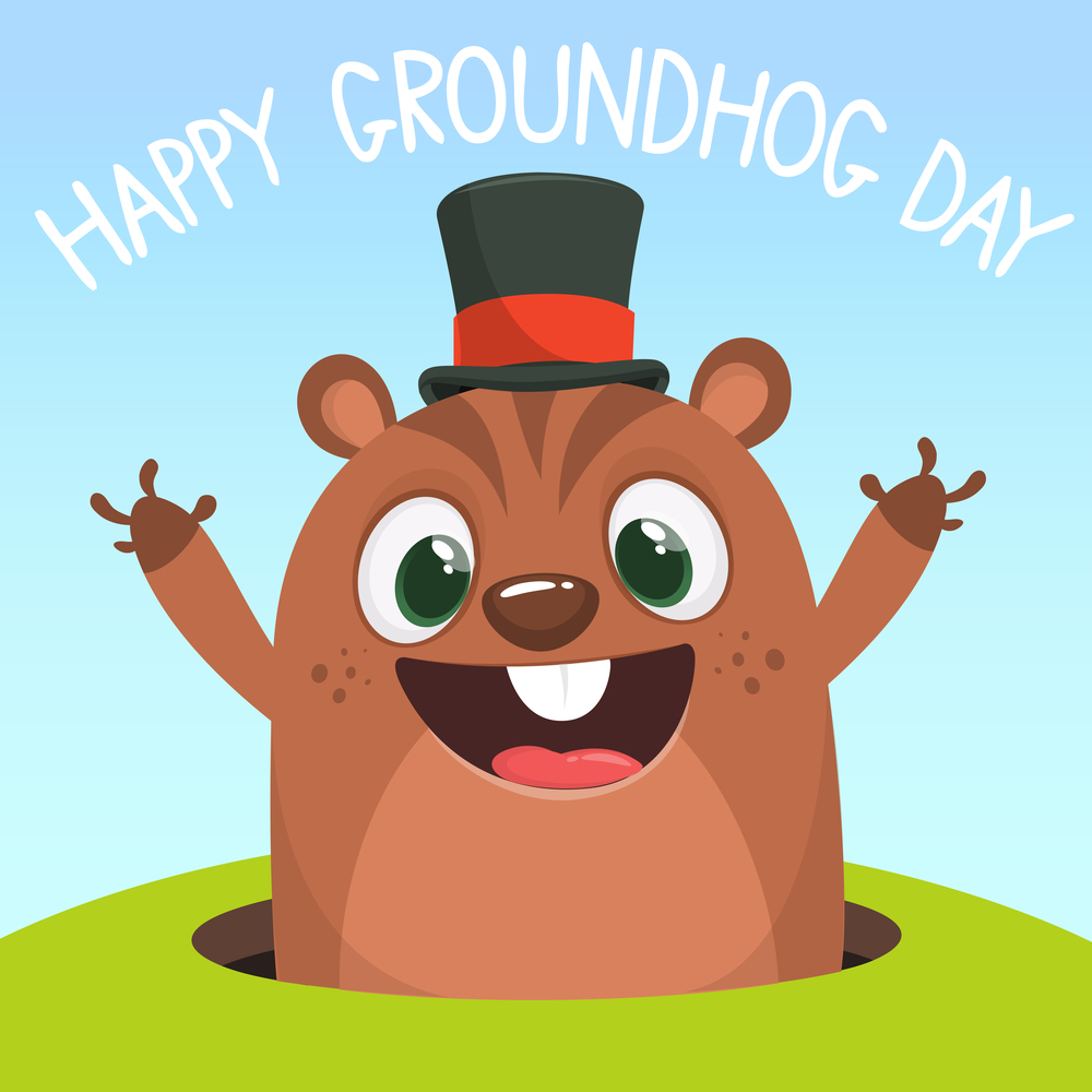 Cartoon marmot groundhog in major hat. Vector illustration. Groundhog day. Party invitation poster or postcard with lettering typography