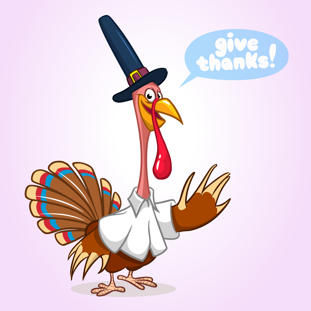 Cartoon illustration of a happy cute thanksgiving turkey character pointing a wing at the message. Vector illustration isolated