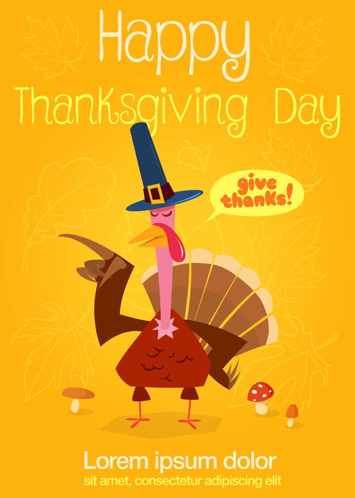 Smiling Turkey Bird Cartoon Character Looking With Speech Bubble And Text. Vector Illustration Poster