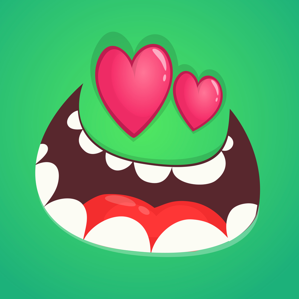 Cartoon monster face in love with a heart shaped eyes. Vector Halloween green zombie monster avatar for St. Valentine&rsquo;s Day