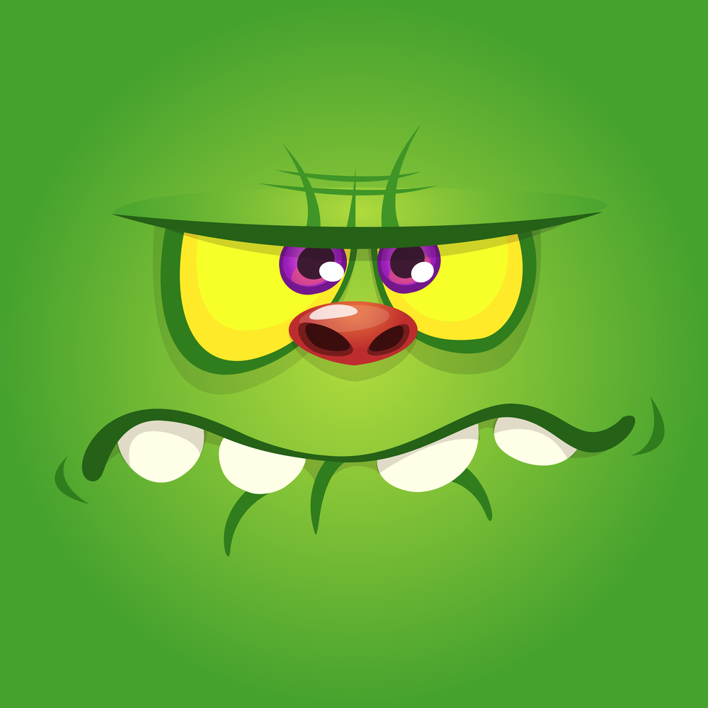 Cool cartoon zombie face. Vector Halloween green zombie monster square avatar