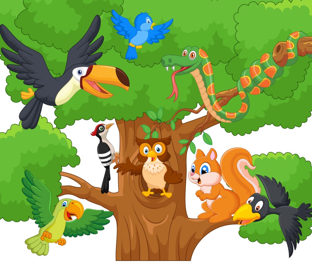 Cartoon collection animal on the trees.vector illustration
