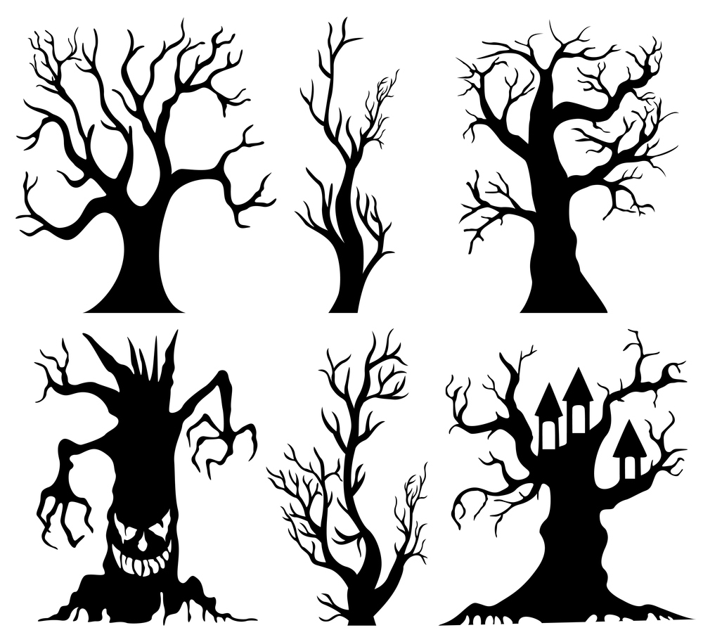 Set of spooky Halloween tree cartoon
