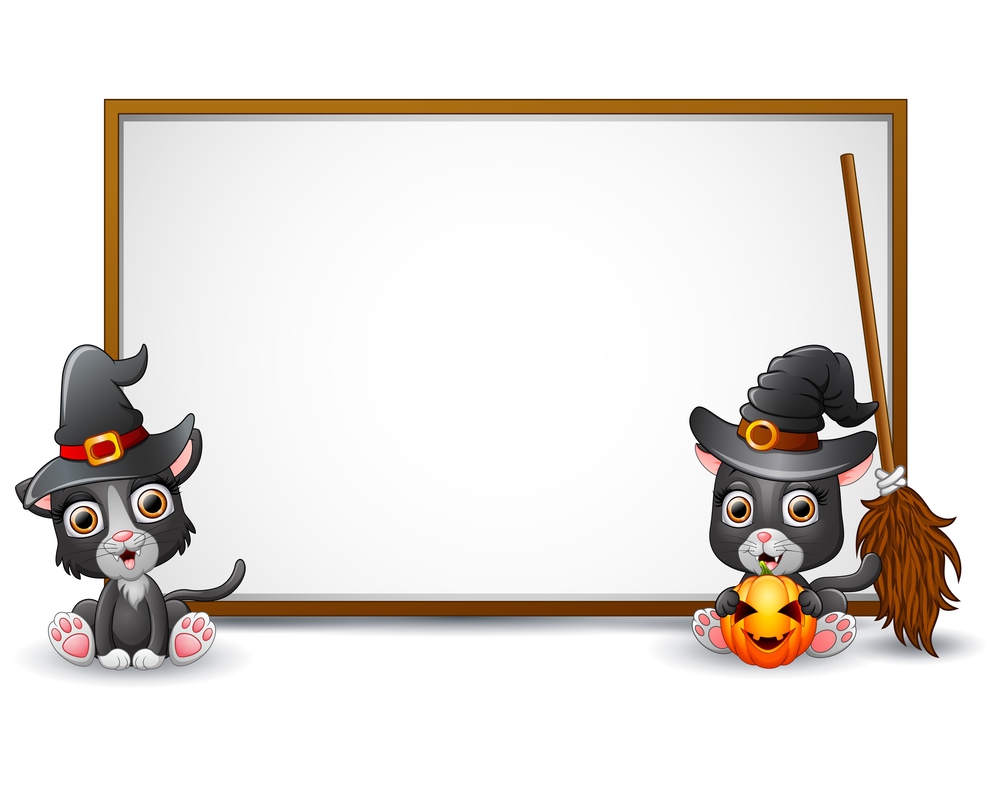Halloween sign with witch hat, cat, and pumpkin