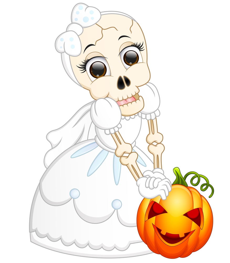 Skull bride holding pumpkin cartoon