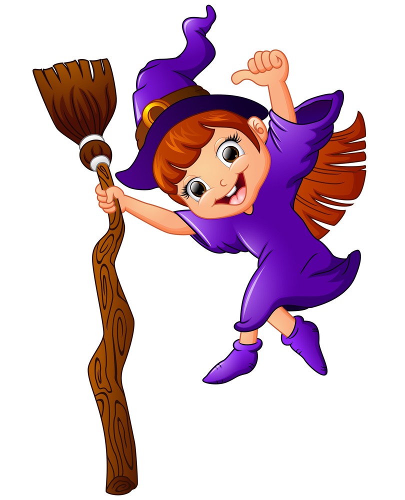 little witch cartoon holding broom and giving thumb up