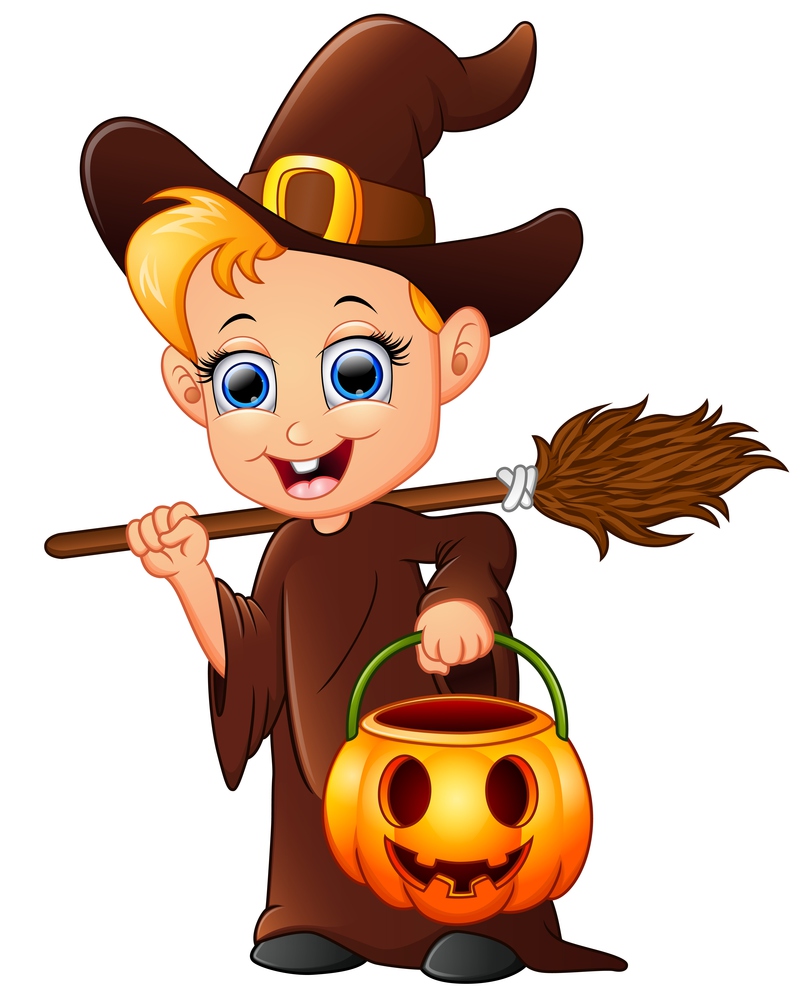 cartoon little witch holding broom and pumpkin