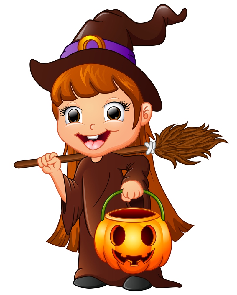 Little witch cartoon holding broom and pumpkin