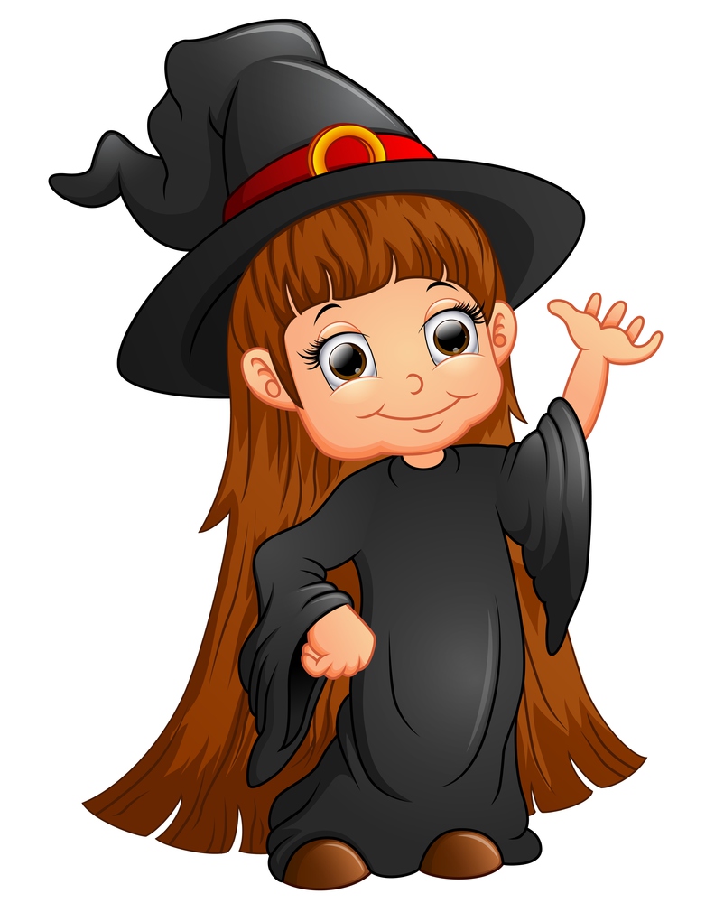 Happy little witch presenting illustration