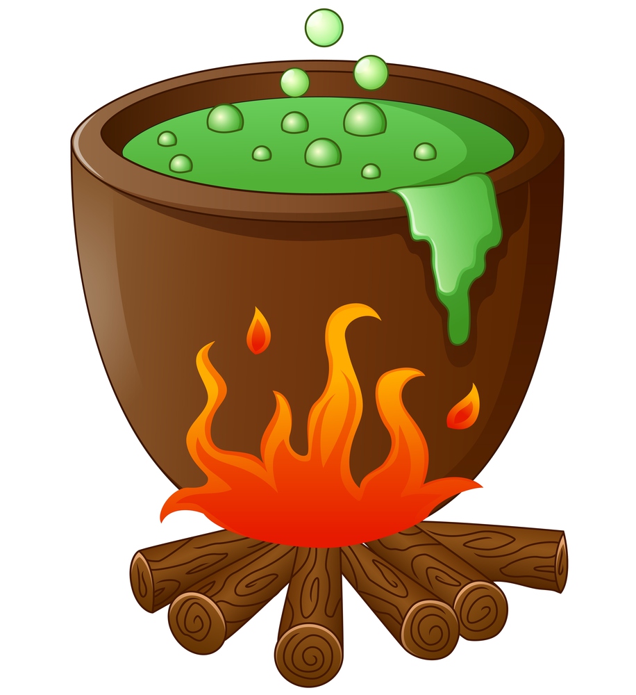 Witch cauldron with green potion isolated on white background