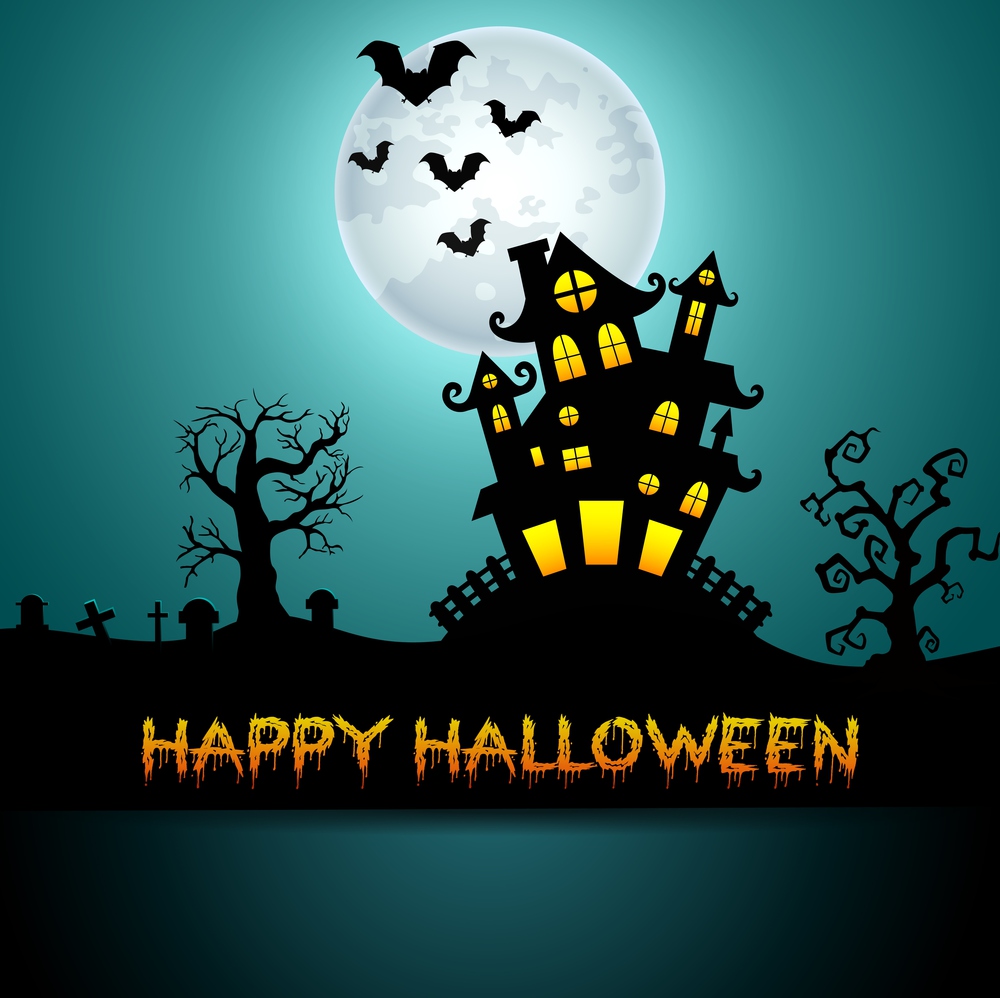 Halloween night background with castle, trees and bats