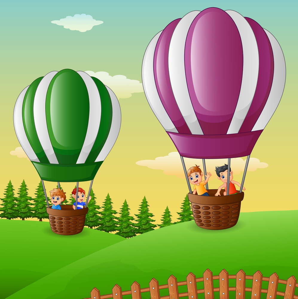 Happy cartoon kids flying in a hot air balloon