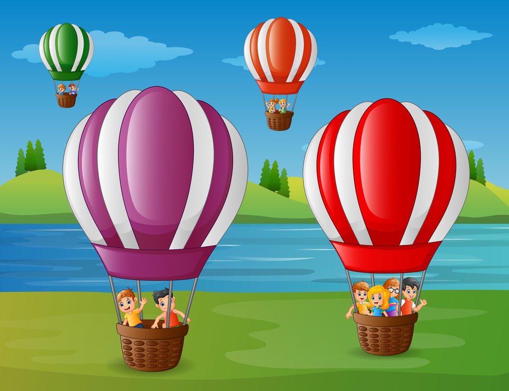 Vector illustration of  Cartoon kids flying in a hot air balloon at the riverbank