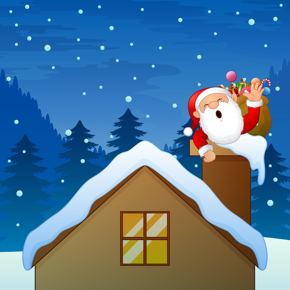 Santa Claus waving hand in the chimney House with carrying a gift bag