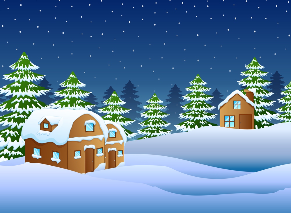 Vector illustration of Christmas night with a fir tree and snowy houses