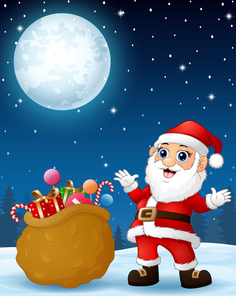 Santa Claus presenting sack full of gifts in the winter night background