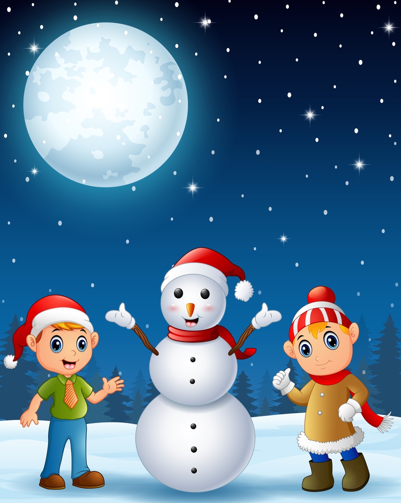 Christmas elf kids with snowman in the winter night background
