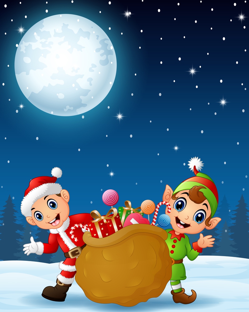Vector illustration of Santa claus kid with cartoon elf and a sack full of gifts in the winter night background