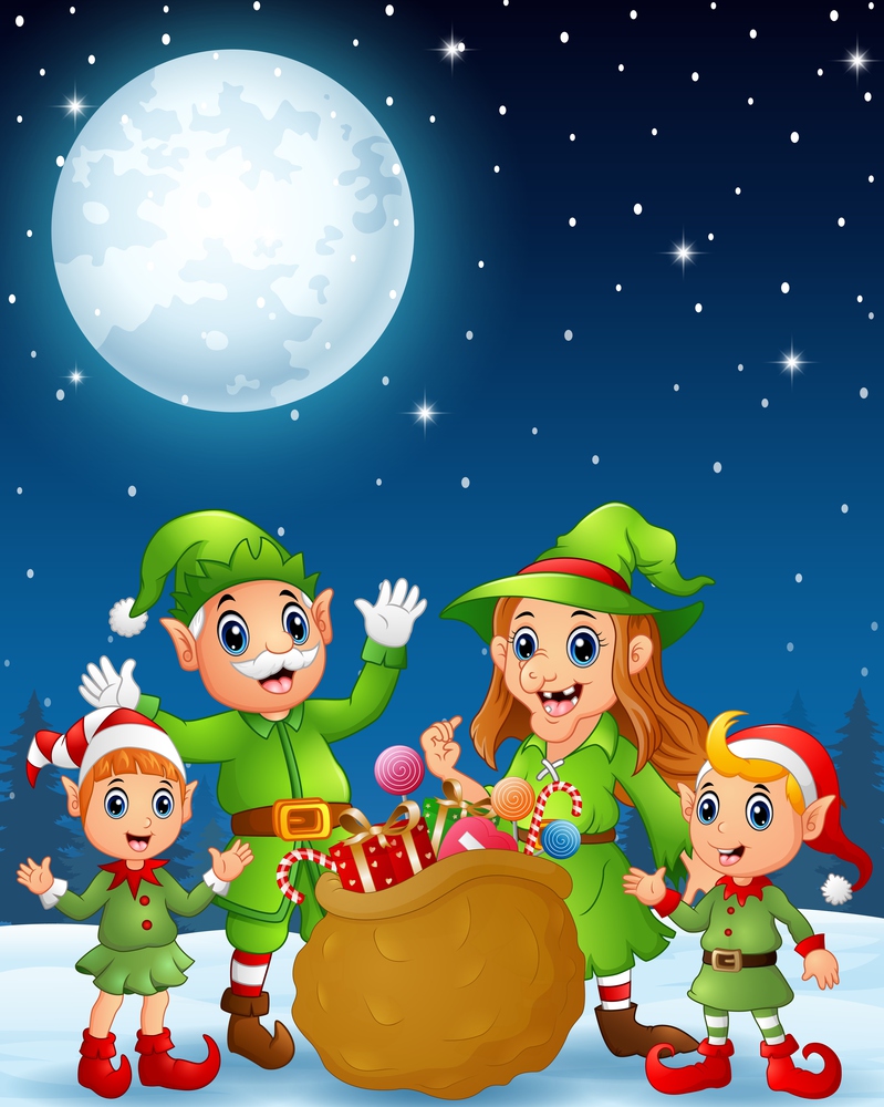Cartoon christmas elves, old man, old witch with elf kids and a bag of gifts in the winter night background