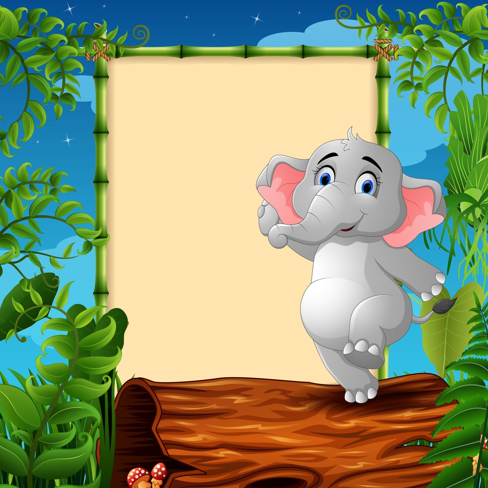 Cartoon elephant standing on hollow log near the empty framed signboard