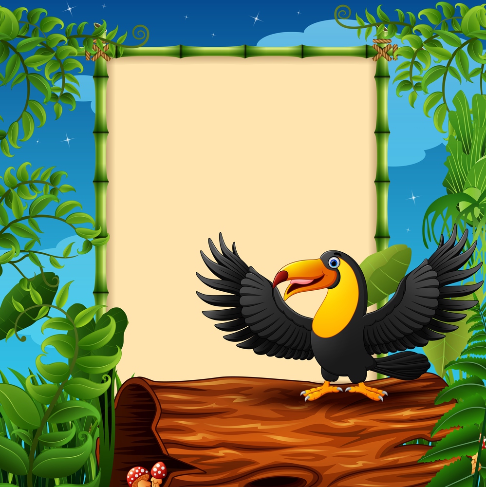 Cartoon toucan presenting on hollow log near the empty framed signboard