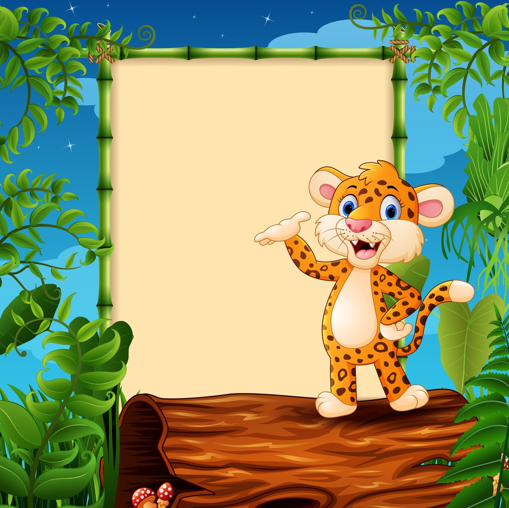 Vector illustration of Cartoon leopard presenting on hollow log near the empty framed signboard
