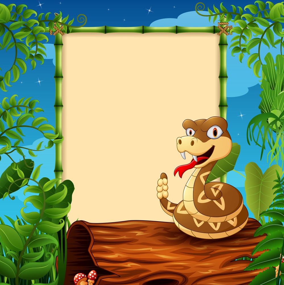 Cartoon rattlesnake on hollow log near the empty framed signboard