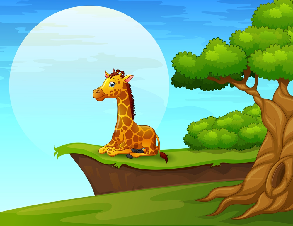 Vector illustration of Cartoon giraffe sitting near the cliff