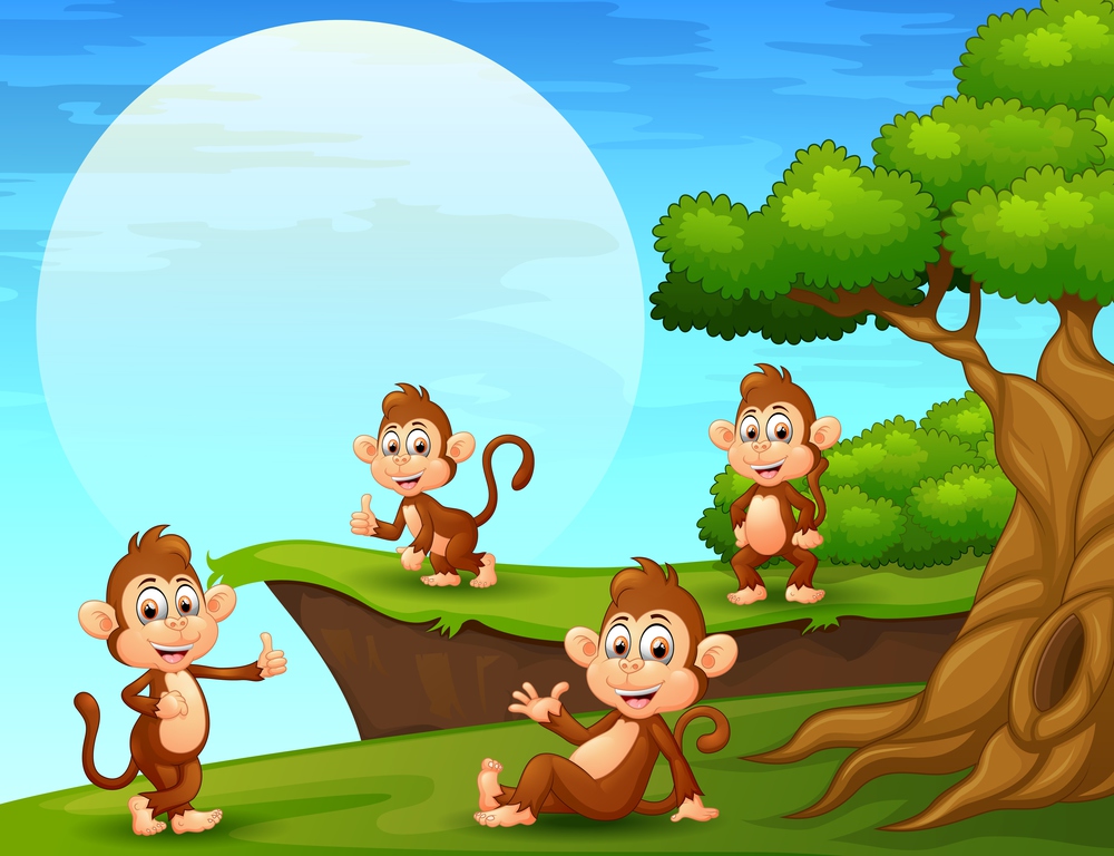 Vector illustration of Cartoon monkeys playing near the cliff